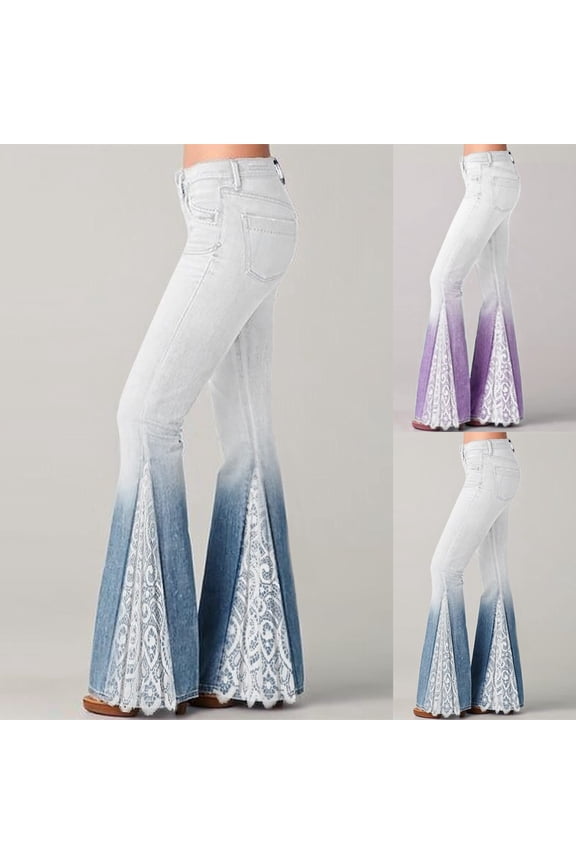 Bell Bottom Jeans for Women Lace Patchwork High Waist Denim Pants Stretch Gradient Flare Jean Trendy Skinny Trousers Purple S