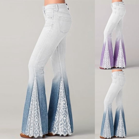 AGWOLF Bell Bottom Jeans for Women Lace Patchwork High Waist Denim Pants Stretch Gradient Flare Jean Trendy Skinny Trousers Purple S
