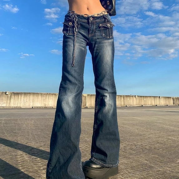 AGWOLF Bell Bottom Jeans for Women Mid Rise Distressed Flare Jean Stretch Bootcut Soft Denim Pants Vintage Y2K Streetwear Blue XL
