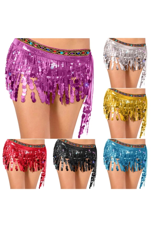 Belly Dance Hip Scarf with Tassels Sequins Sparkly Performance Skirt Wrap Music Festival Clothing