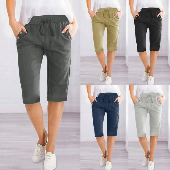 AGWOLF Bermuda Shorts for Women Knee Length Summer Going Out Short Solid Color High Waisted Drawstring Cotton Linen Shorts with Pockets