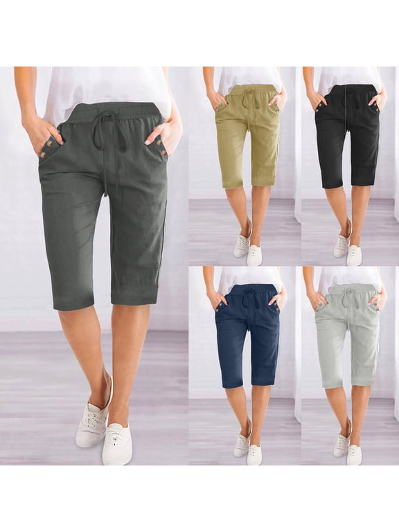 Bermuda Shorts for Women Knee Length Summer Going Out Short Solid Color High Waisted Drawstring Cotton Linen Shorts with Pockets