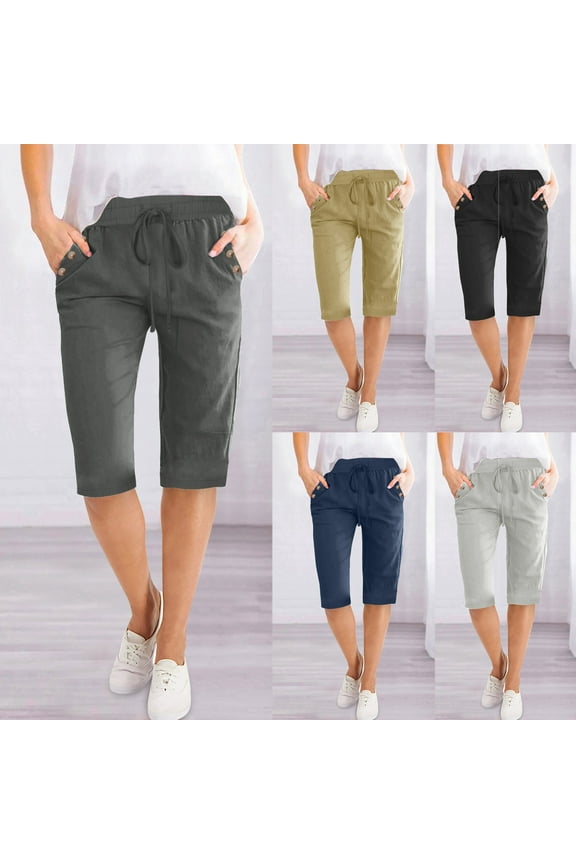Bermuda Shorts for Women Knee Length Summer Going Out Short Solid Color High Waisted Drawstring Cotton Linen Shorts with Pockets