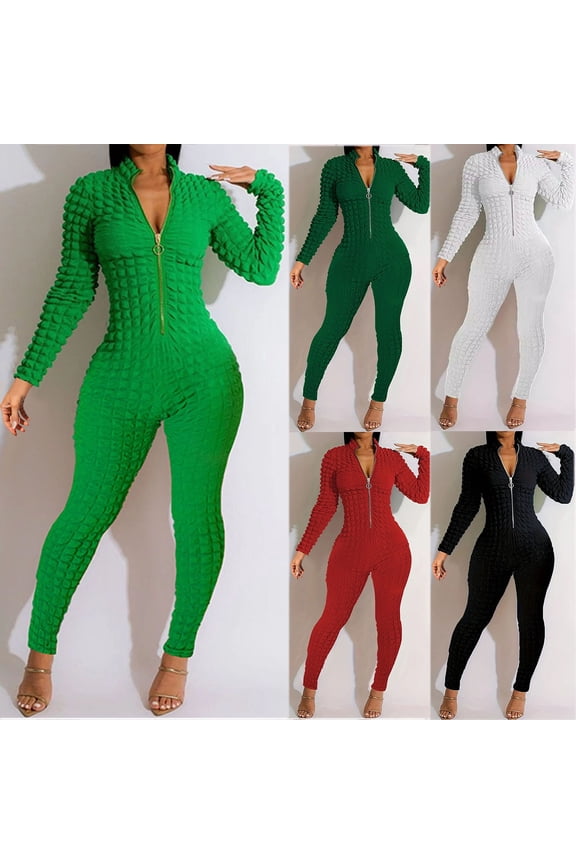 Bodycon Jumpsuits for Women Casual Long Sleeve Popcorn Rompers Zipper Mock Neck Skinny Pants One Piece Designer Junpsuits Clubwear Army Green XL