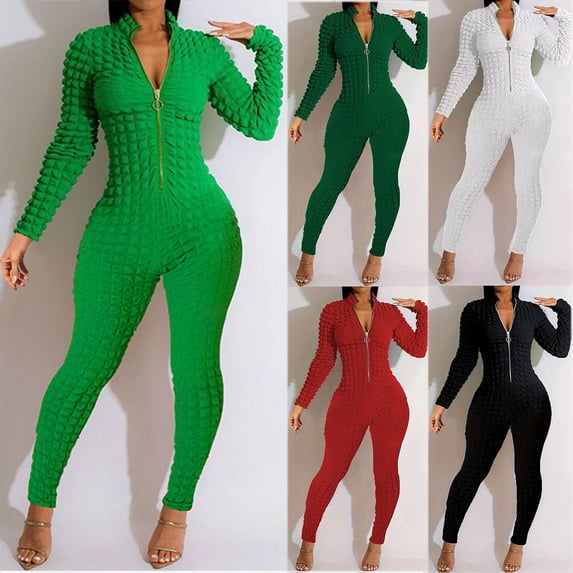 AGWOLF Bodycon Jumpsuits for Women Casual Long Sleeve Popcorn Rompers Zipper Mock Neck Skinny Pants One Piece Designer Junpsuits Clubwear Army Green XXL