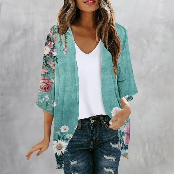 AGWOLF Boho Beach Kimonos for Women 2025 Swimwear Cover Up Summer Lightweight Chiffon Coverup Open Front Sheer Kimono Cardigans Loose Floral Printed Cardigan Multicolor,XL