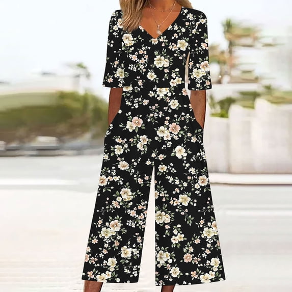 AGWOLF Boho Jumpsuits for Women Dressy Casual Floral Short Sleeve Rompers Wide Leg Flowy One Piece Summer Beach Jumpsuit