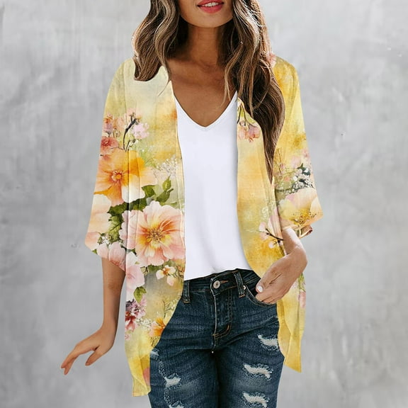 AGWOLF Boho Kimono Cardigans for Women Cute Floral Print 3/4 Sleeve Draped Ruffles Cardigan Lightweight Chiffon Beach Swimsuit Cover Ups Multicolor,M