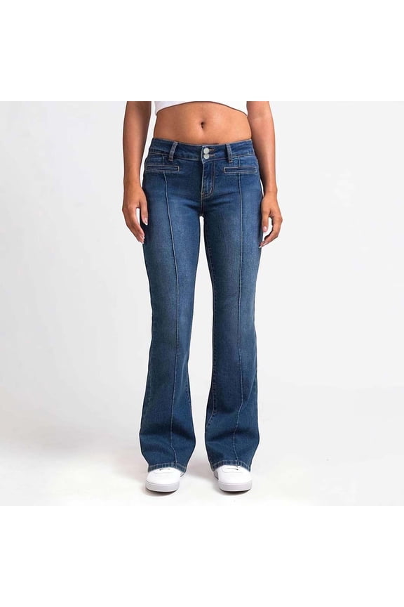 Boot Cut Jeans for Women Stretchy Mid Rise Jeggings Slim Fit Straight Leg Denim Pant Trendy Flare Trousers with Pockets Distressed Y2K Jeans Blue S