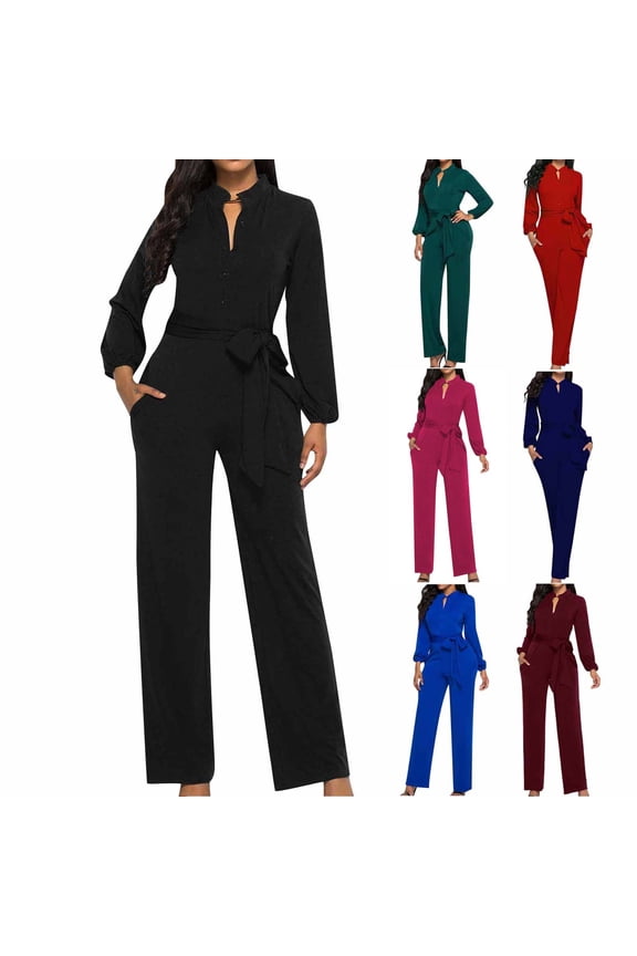 Business Casual Jumpsuits for Women Elegant Long Sleeve Button Up Rompers Formal Long Pants Jumpsuit with Belt Pockets Hot Pink XL