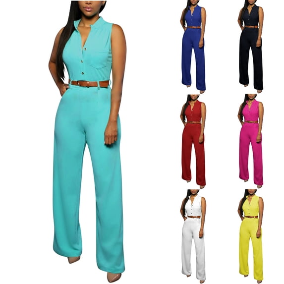 AGWOLF Business Jumpsuits for Women Dressy V Neck Sleeveless Rompers Formal Button Down Jumpsuit with Belt Wide Leg Long Pants Overalls Blue M