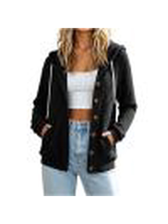 Button Down Cardigan for Women Lightweight Drawstring Hooded Sweaters Loose Fit Long Sleeve Cardigans with Pockets Fall Casual Sweater Black L