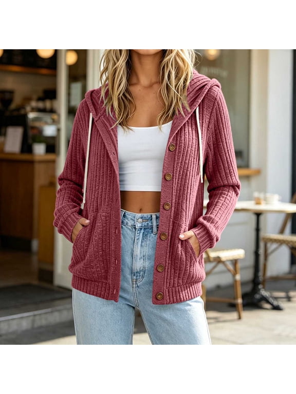 Button Down Cardigan for Women Lightweight Drawstring Hooded Sweaters Loose Fit Long Sleeve Cardigans with Pockets Fall Casual Sweater Red M