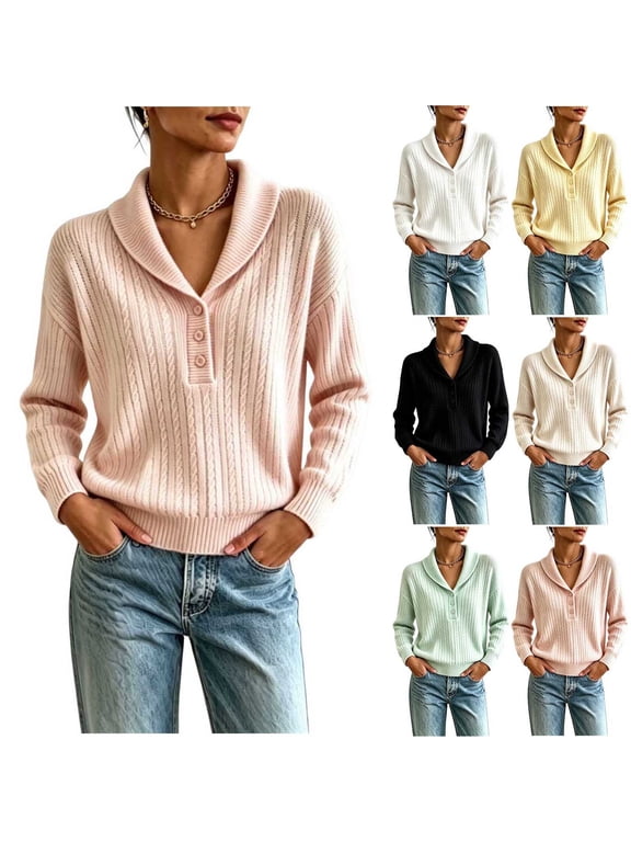Cable Knit Sweaters for Women Fall Lapel V Neck Long Sleeve Sweater Trendy Sailor Collar Pullover Cozy Fall Tops White XXXL