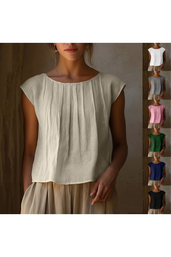 Cap Sleeve Tops for Women Boat Neck Pleated Crop Shirts Lightweight Cotton Summer Top Vacation Beach Tees White S