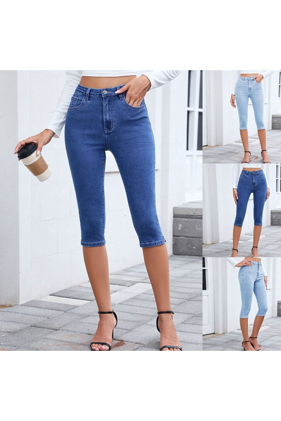 Capri Jeans for Women Trendy High Waisted Denim Pant Stretch Cropped Pants Summer Travel Capris Blue M