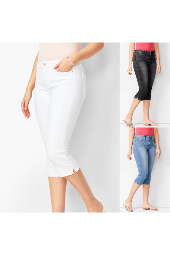 Capri Jeans for Women Trendy High Waisted Slim Split Hem Stretch Denim Jean Capris Plus Size Cropped Pants Skinny Knee Length Tights