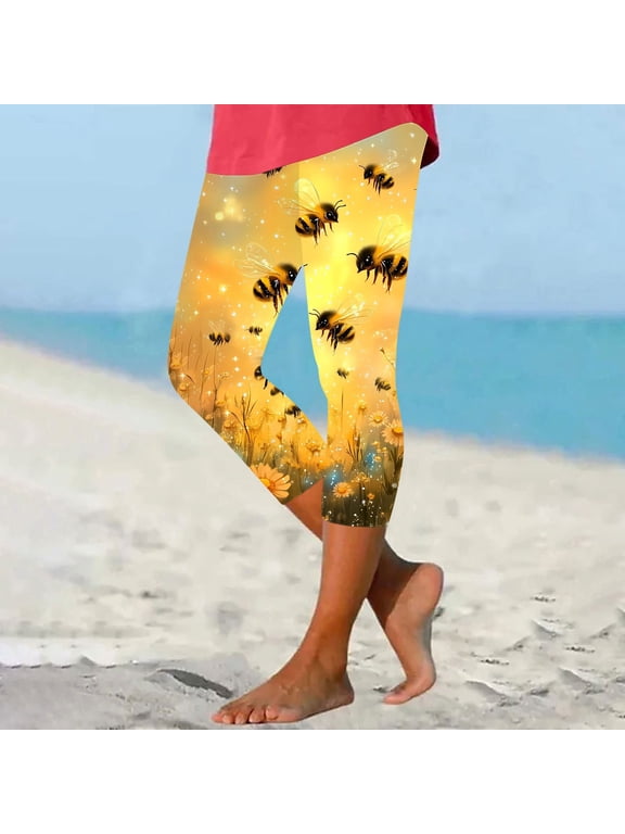 Capri Leggings for Women Cute Bee Print Knee Length Leggings Tummy Control High Waisted Capris Stretchy Workout Yoga Pants Summer Holiday Capri Pants