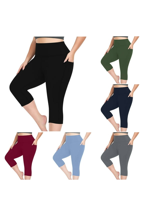 Capri Leggings for Women Tummy Control Knee Length Leggings Summer Cropped Pants Plus Size Quick Dry Fitness Capris with Pockets Army Green 3XL