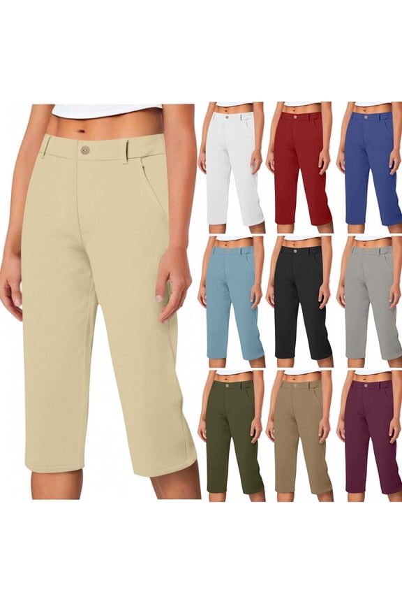 Capri Pants for Women Dressy Pull On Stretch Crop Work Pant with Pockets Summer Office Casual Cropped Trousers Gray L