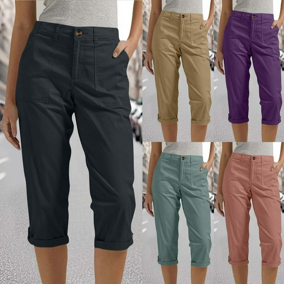 AGWOLF Capri Pants for Women High Waist Slim Leg Crop Work Pant Casual Solid Color Chino Dress Trousers Business Casual Capris Purple L