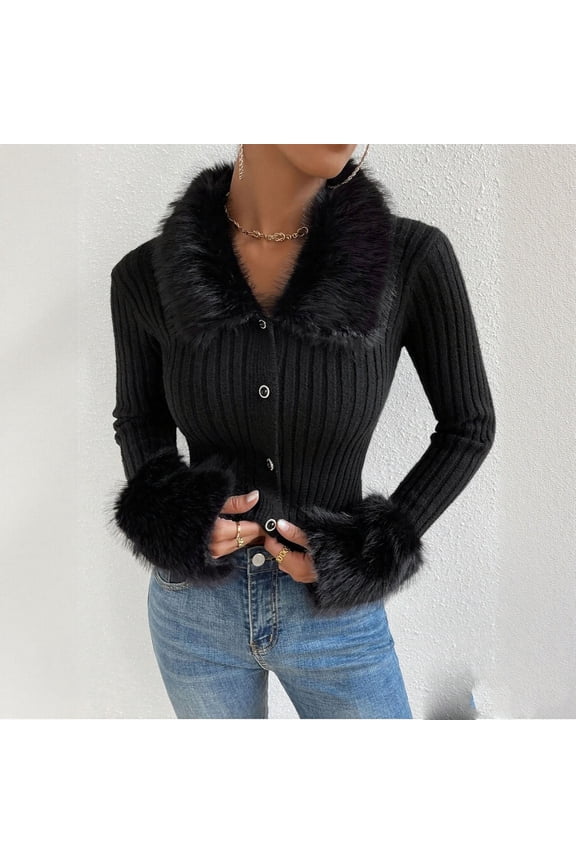 Cardigan Sweater for Women Slim Faux Fur Trim Ribbed Knit Jackets Cropped Button Up Sweaters Coat