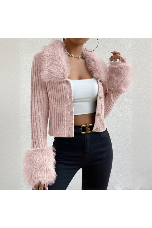 Cardigan Sweater for Women Slim Faux Fur Trim Ribbed Knit Jackets Cropped Button Up Sweaters Coat