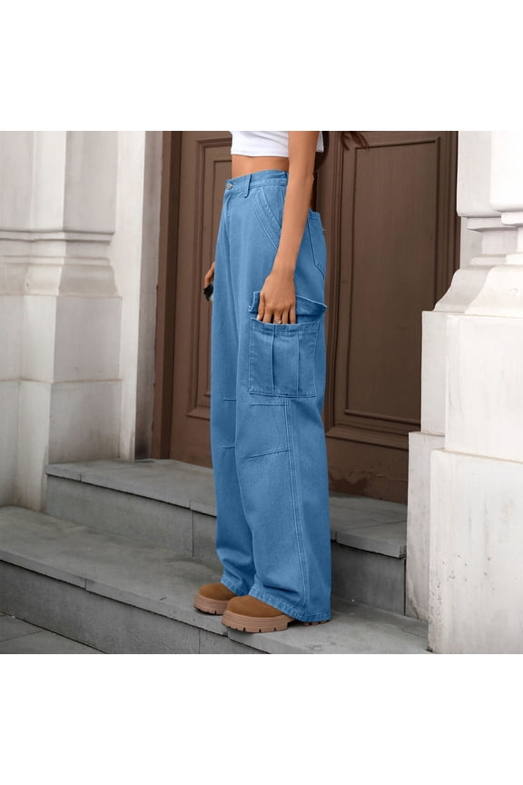 Cargo Jeans for Women Trendy High Waist Military Domin Pants Casual Wide Leg Y2K Streetwear Trousers with Muti-Pockets