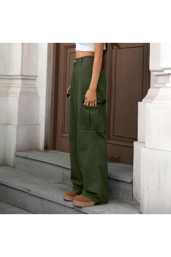 Cargo Jeans for Women Trendy High Waist Military Domin Pants Casual Wide Leg Y2K Streetwear Trousers with Muti-Pockets