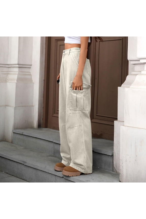 Cargo Jeans for Women Trendy High Waist Military Domin Pants Casual Wide Leg Y2K Streetwear Trousers with Muti-Pockets