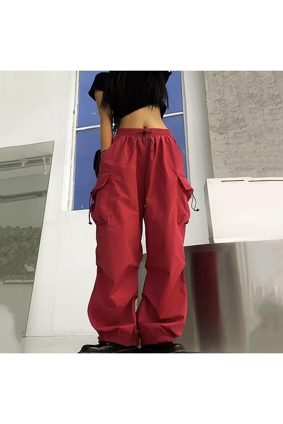 Cargo Pants for Women Baggy High Waist Wide Leg Hiking Trousers Y2k Drawstring Elastic Waisted Streetwear with Multi Pockets