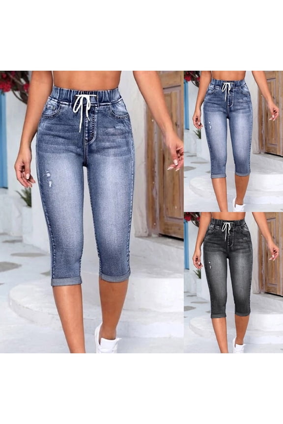 Carpri Jeans for Women High Waisted Ripped Vintage Crop Jeggings Summer Drawstring Elastic Waisted Denim Capris Trendy Rolled Hem Jean with Pockets Black XS
