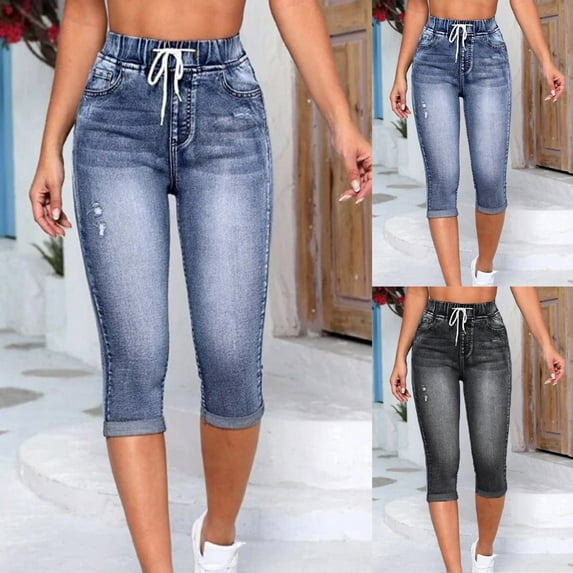 AGWOLF Carpri Jeans for Women High Waisted Ripped Vintage Crop Jeggings Summer Drawstring Elastic Waisted Denim Capris Trendy Rolled Hem Jean with Pockets Navy XS