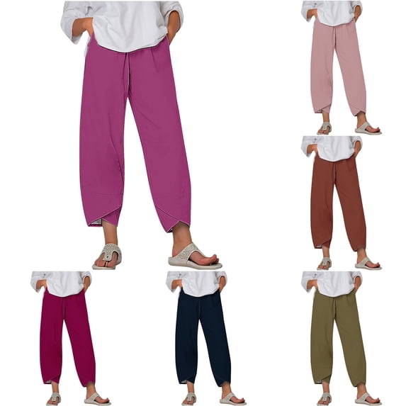 AGWOLF Casual Summer Capri Pants for Women Plus Size Wide Leg Cropped Barrel Pant Comfy Elastic Waist Capris Loose Fit Petal Hem Trousers with Pockets Green L