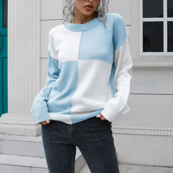 AGWOLF Checkered Sweater for Women Cozy Crewneck Knit Sweaters Trendy Color Block Pullover Tops