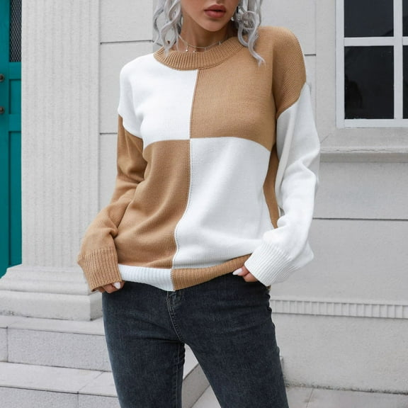 AGWOLF Checkered Sweater for Women Cozy Crewneck Knit Sweaters Trendy Color Block Pullover Tops