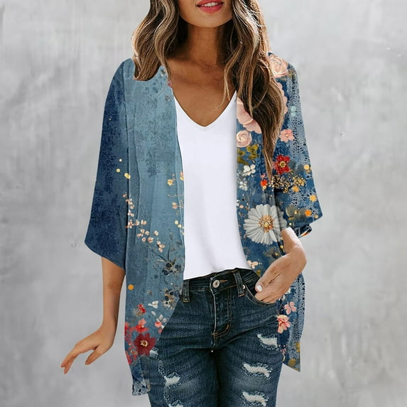 AGWOLF Chiffon Cardigans for Women Lightweight Loose Casual Boho Floral Kimono Cardigan 3/4 Sleeve Summer Beach Vacation Cover Ups Multicolor,XL