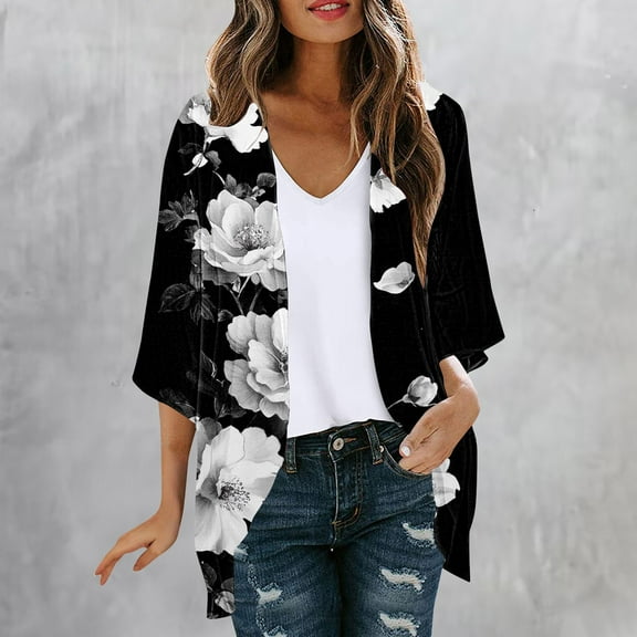 AGWOLF Chiffon Kimono Cardigans for Women Summer Sheer Cardigan Trendy Boho Floral Printing Cover Ups Lightweight Casual Beach Tops Multicolor,M