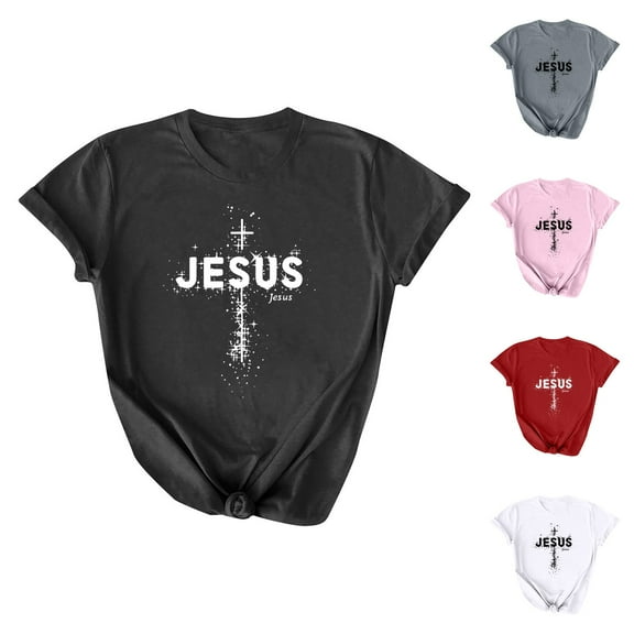 AGWOLF Christian Easter Shirts for Women Short Sleeve Letter Printed T-shirts Jesus Cross Religious Quotes Shirt Summer Casual Round Neck Tee Tops