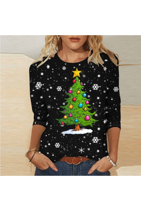 Christmas Shirt for Women 3/4 Length Sleeve Xmas Tree Tunic Blouses Holiday Festival Ugly Tops