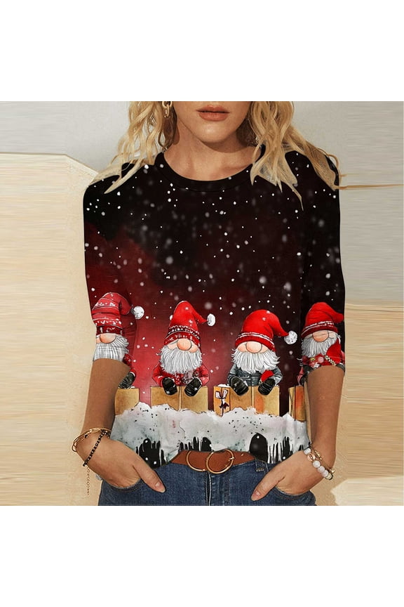 Christmas Shirts for Women 3/4 Length Sleeve Tunic Blouses Santa Claus Funny Print Tops Crew Neck Graphic Tees