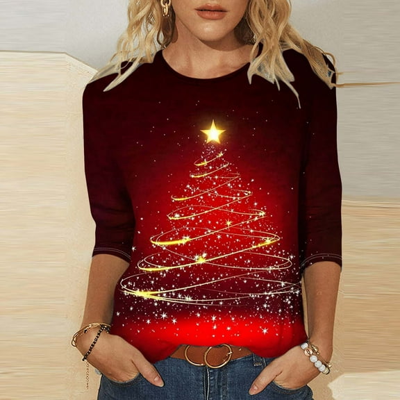 AGWOLF Christmas Shirts for Women 3/4 Length Sleeve Ugly Tunic Blouses Funny Xmas Tree Cute Print Tops Casual Crewneck Graphic Tees