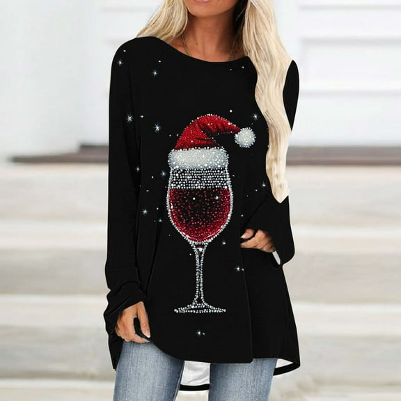 AGWOLF Christmas Sweatshirts for Women Funny Red Glass Graphic Long Sleeve Shirts Rhinestone Bling Xmas Tops Holiday Party Tunic Blouse