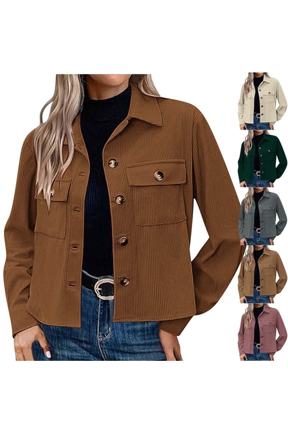 Corduroy Jacket for Women Vintage Lapel Collar Cropped Jackets Open Front Button Down Cardigans Fall Lightweight Tops