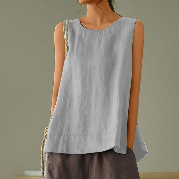 AGWOLF Cotton Linen Tank Tops for Womens Summer Sleeveless Crewneck Blouse Casual Solid Color Loose Basic Shirt Lightweight Breathable Beach Tops