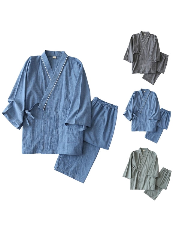 Cotton Pajamas for Women Sets Japanese Kimono & Sumemr Shorts Cotton Yukata 2 Piece Comfy Loungewear Set Blue XL
