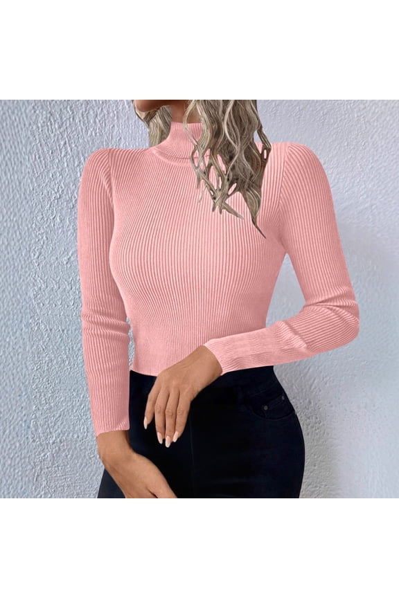 Cozy Sweaters for Women Casual Turtleneck Slim Pullover Solid Basic Ribbed Knit Jumper Tops