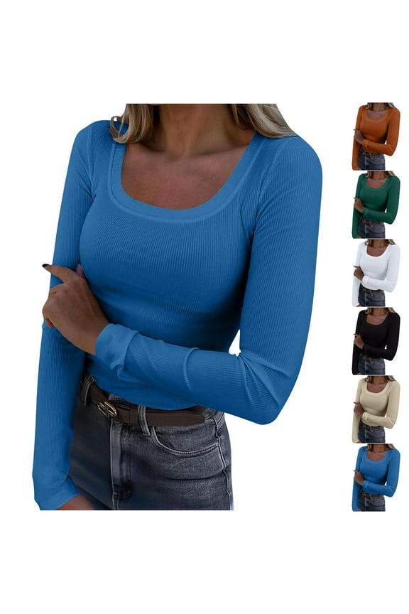 Cozy Sweaters for Women Slim Square Neck Ribbed Knit Pullover Long Sleeve Lightweight Sweater Fall Travel Tops
