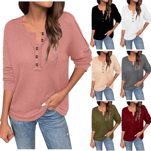 AGWOLF Cozy Sweaters for Women Waffle Knit V Neck Sweatshirt Button Down Long Sleeve Tops Fall Travel Outfits