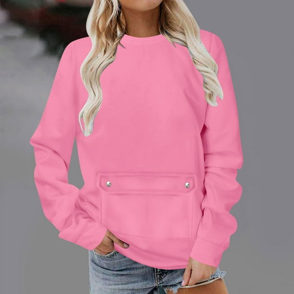 AGWOLF Crew Neck Sweatshirts for Women Casual Long Sleeve Tops with Pocket Comfy Solid Color Loose Pullover Tunic